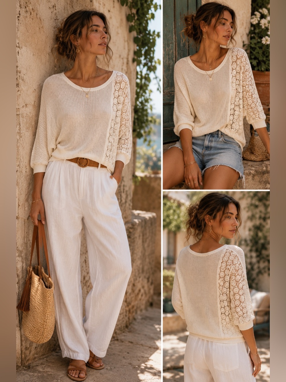 The Limited Cream Crochet Knit Sweater Boho Lightweight Coastal Chic Top